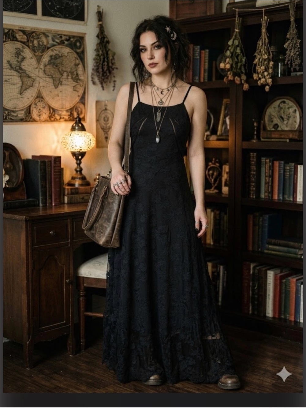 Black Maxi whimsigoth dress Jacquard Fabric V Waist Spaghetti Strap Square Neck